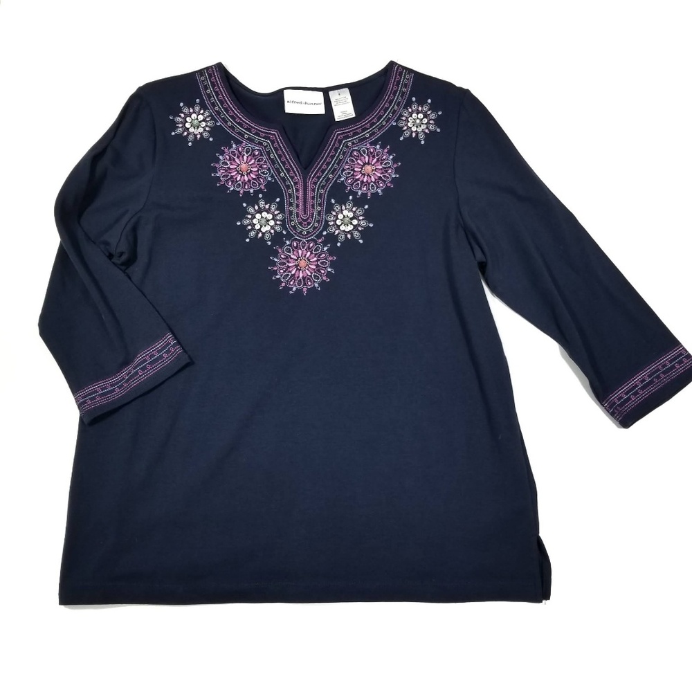 Alfred Dunner Blue Embroidered Split Neck Boho Top